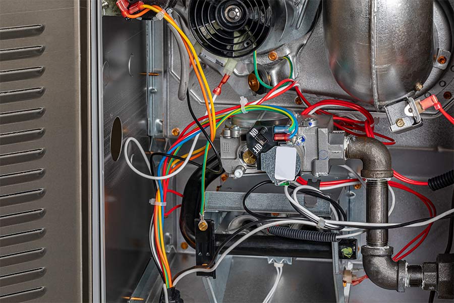 Inside view of a gas furnace showing wires, valves, and components