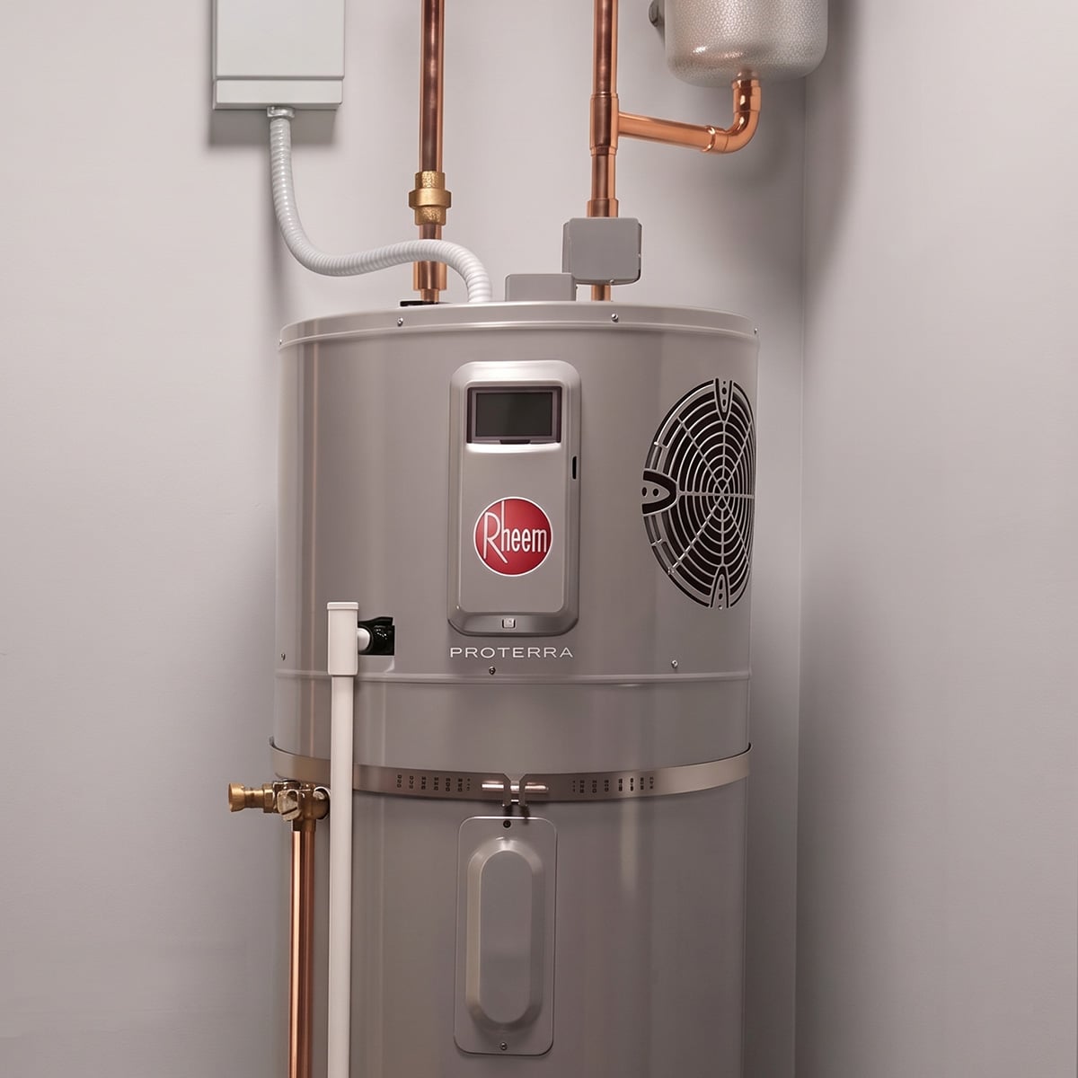 Rheem Proterra hybrid electric water heater installed in utility close